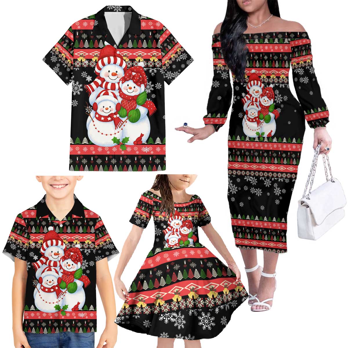 Lovely Snowman Christmas Family Matching Off The Shoulder Long Sleeve Dress and Hawaiian Shirt Xmas Holiday Patterns - Wonder Print Shop