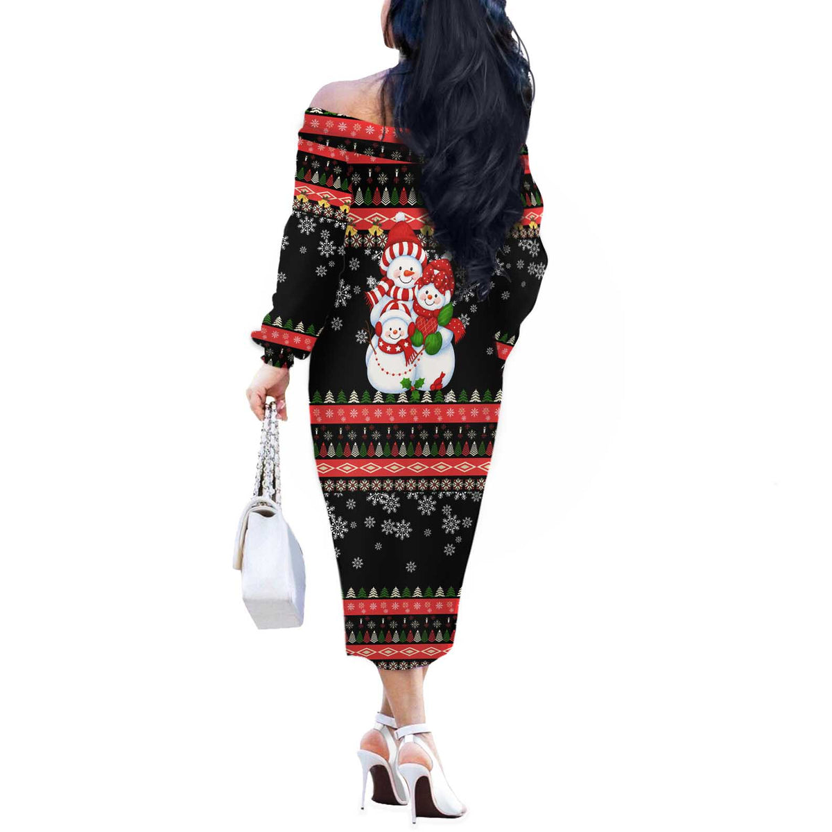 Lovely Snowman Christmas Off The Shoulder Long Sleeve Dress Xmas Holiday Patterns - Wonder Print Shop