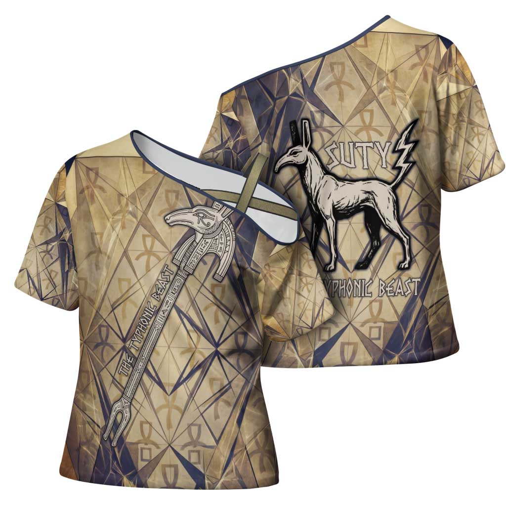 Suty Cross Shoulder Shirt with Typhonic Beast Staff Ancient Egypt Symbolism