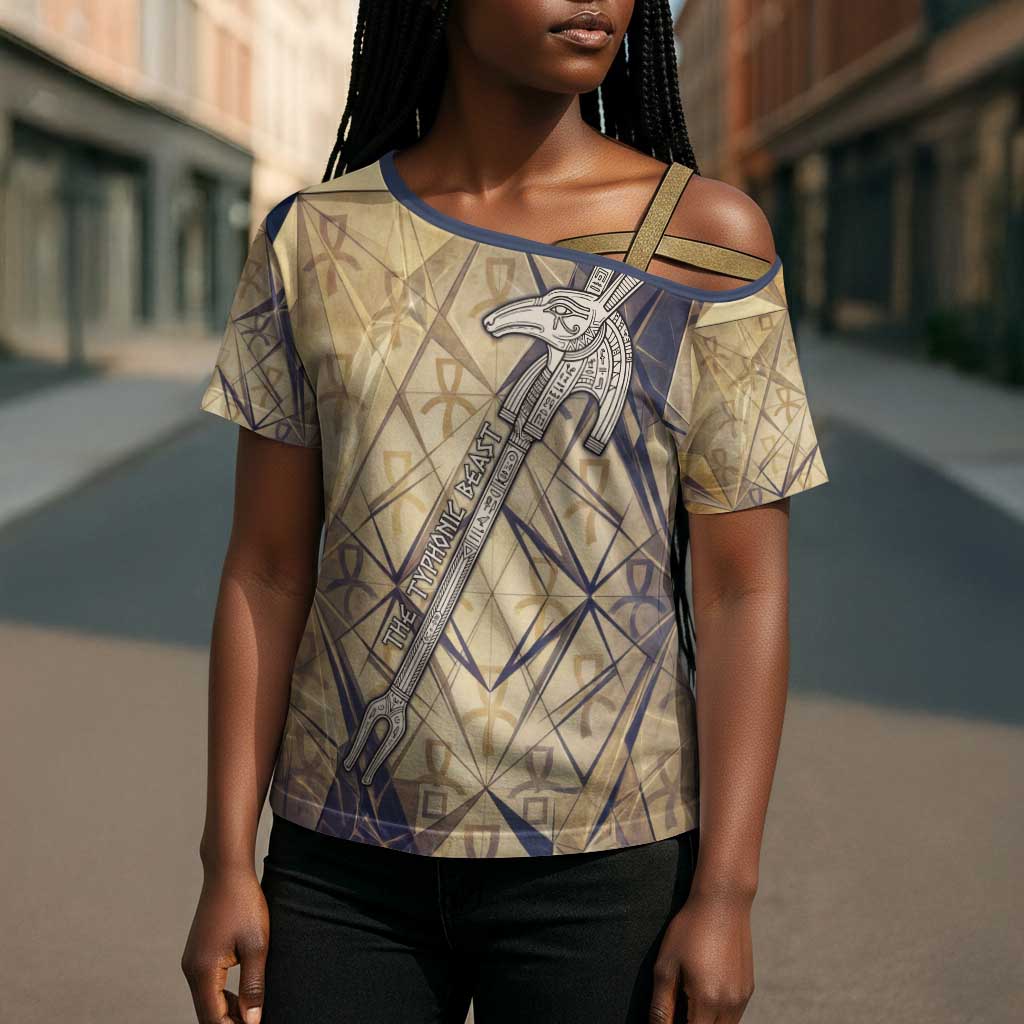 Suty Cross Shoulder Shirt with Typhonic Beast Staff Ancient Egypt Symbolism