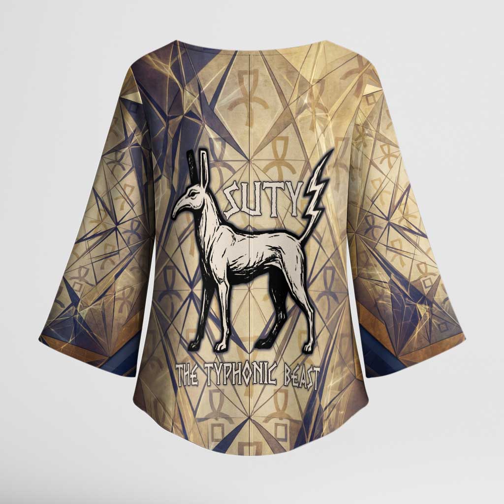 Suty Kimono Sleeve Blouse with Typhonic Beast Staff Ancient Egypt Symbolism