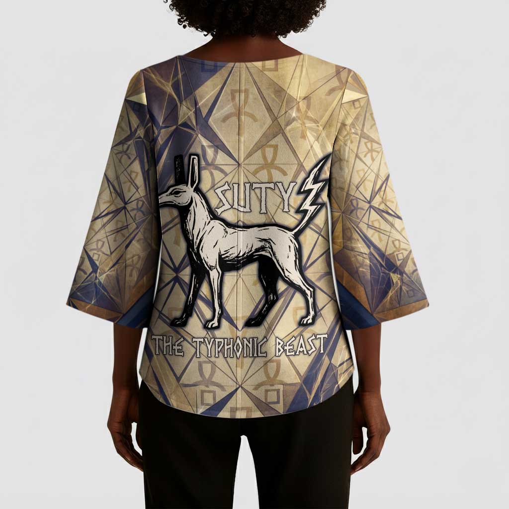 Suty Kimono Sleeve Blouse with Typhonic Beast Staff Ancient Egypt Symbolism