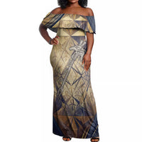 Suty Off Shoulder Maxi Dress with Typhonic Beast Staff Ancient Egypt Symbolism