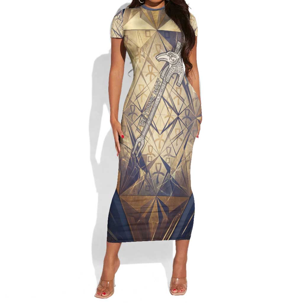 Suty Short Sleeve Bodycon Dress with Typhonic Beast Staff Ancient Egypt Symbolism