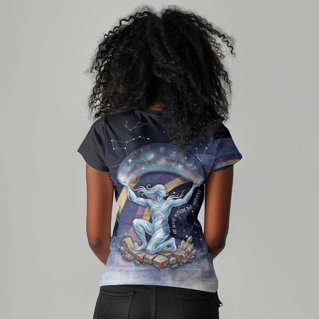 Shu Celestial Constellations Women V-Neck T-Shirt Rainbow Ancient Egyptian Sky Deity Theme