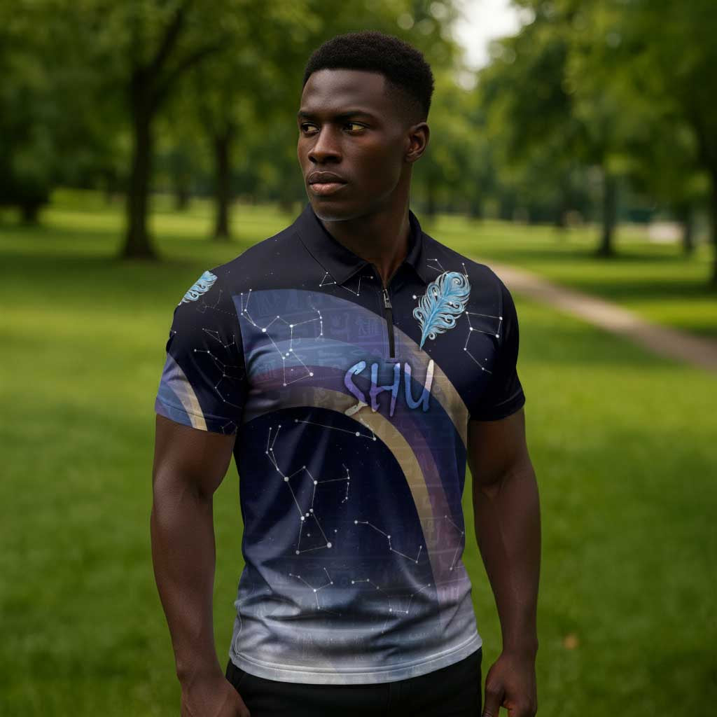 Shu Celestial Constellations Zipper Polo Shirt Rainbow Ancient Egyptian Sky Deity Theme