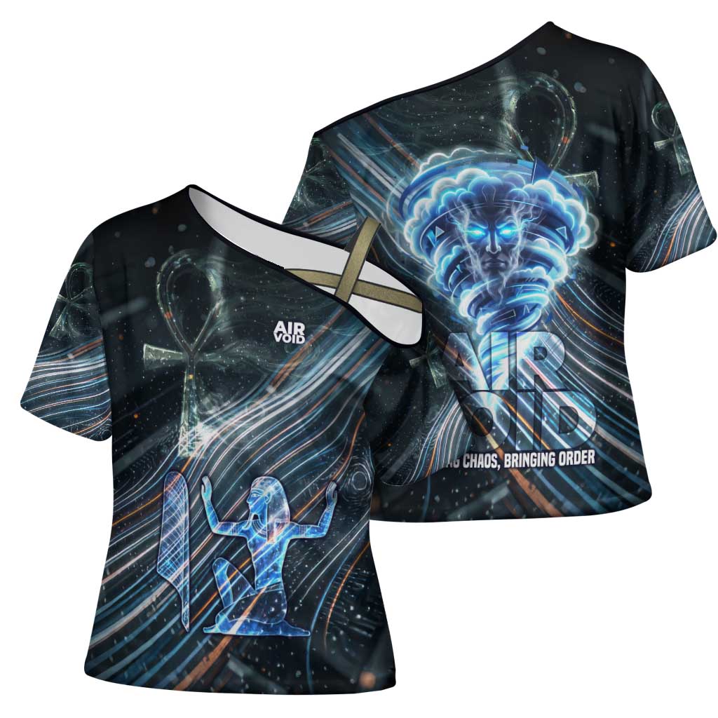 Shu Air Void Egyptian Cross Shoulder Shirt with Storm God and Ankh Ancient Mythology