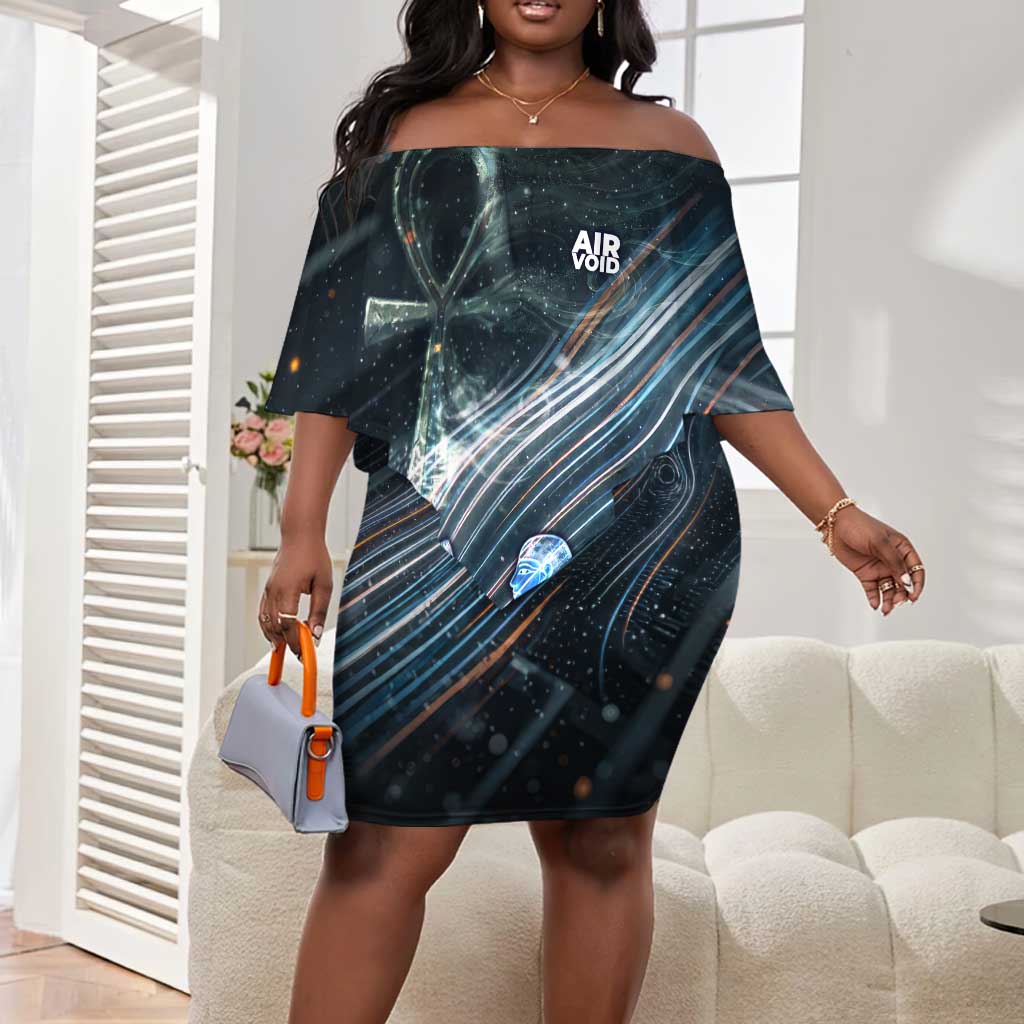 Shu Air Void Egyptian Off Shoulder Short Dress with Storm God and Ankh Ancient Mythology