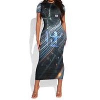 Shu Air Void Egyptian Short Sleeve Bodycon Dress with Storm God and Ankh Ancient Mythology