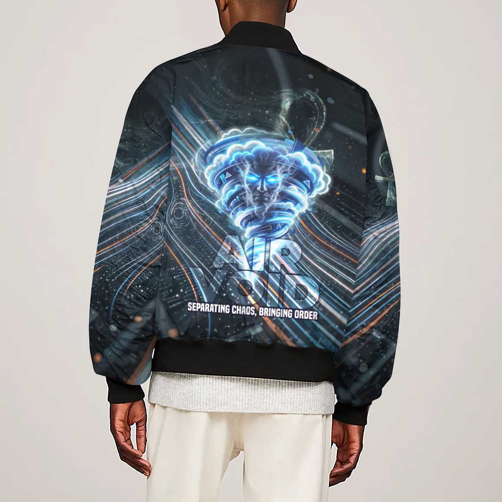 Shu Air Void Egyptian Sleeve Zip Bomber Jacket with Storm God and Ankh Ancient Mythology
