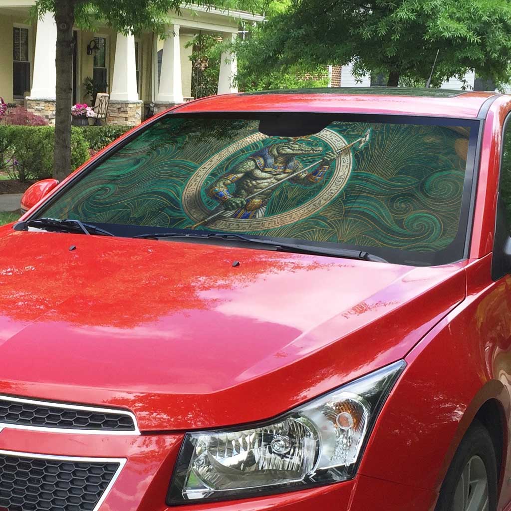 Sobek Crocodile Warrior Auto Sun Shade with Ankh Ancient Egyptian Motif in Emerald