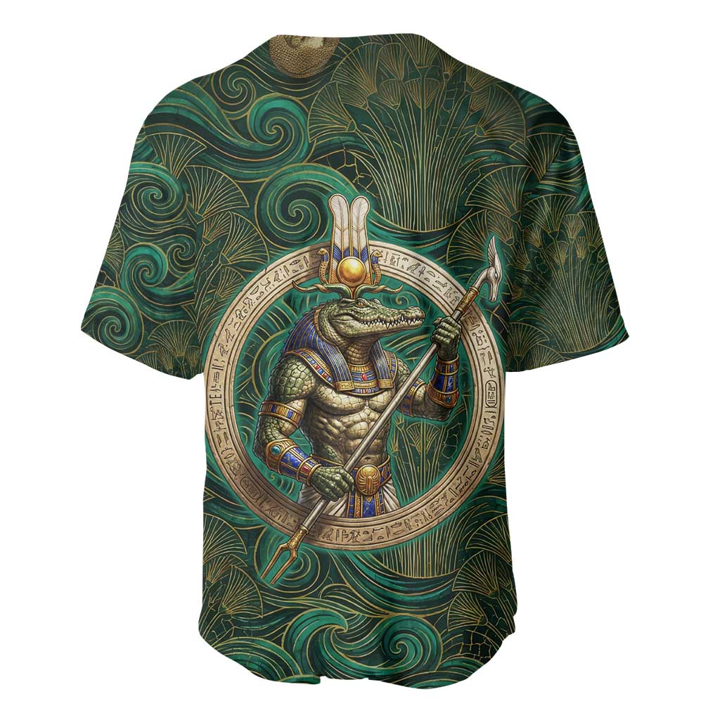Sobek Crocodile Warrior Baseball Jersey with Ankh Ancient Egyptian Motif in Emerald