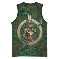 Sobek Crocodile Warrior Basketball Jersey with Ankh Ancient Egyptian Motif in Emerald