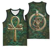 Sobek Crocodile Warrior Basketball Jersey with Ankh Ancient Egyptian Motif in Emerald