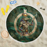 Sobek Crocodile Warrior Beach Blanket with Ankh Ancient Egyptian Motif in Emerald