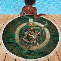 Sobek Crocodile Warrior Beach Blanket with Ankh Ancient Egyptian Motif in Emerald