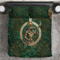 Sobek Crocodile Warrior Bedding Set with Ankh Ancient Egyptian Motif in Emerald
