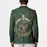 Sobek Crocodile Warrior Blazer with Ankh Ancient Egyptian Motif in Emerald