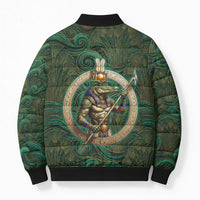 Sobek Crocodile Warrior Bomber Puffer Jacket with Ankh Ancient Egyptian Motif in Emerald
