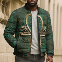 Sobek Crocodile Warrior Bomber Puffer Jacket with Ankh Ancient Egyptian Motif in Emerald
