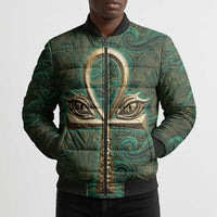 Sobek Crocodile Warrior Bomber Puffer Jacket with Ankh Ancient Egyptian Motif in Emerald