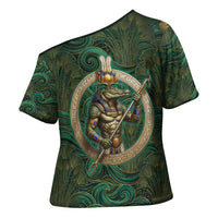 Sobek Crocodile Warrior Cross Shoulder Shirt with Ankh Ancient Egyptian Motif in Emerald