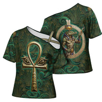 Sobek Crocodile Warrior Cross Shoulder Shirt with Ankh Ancient Egyptian Motif in Emerald