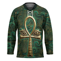 Sobek Crocodile Warrior Hockey Jersey with Ankh Ancient Egyptian Motif in Emerald