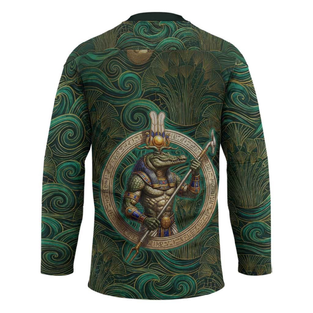 Sobek Crocodile Warrior Hockey Jersey with Ankh Ancient Egyptian Motif in Emerald