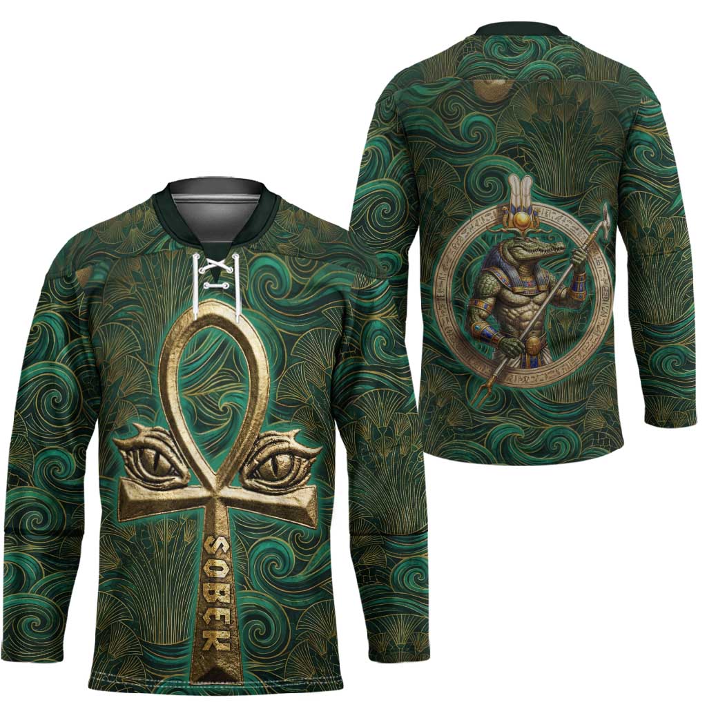 Sobek Crocodile Warrior Hockey Jersey with Ankh Ancient Egyptian Motif in Emerald