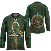 Sobek Crocodile Warrior Hockey Jersey with Ankh Ancient Egyptian Motif in Emerald