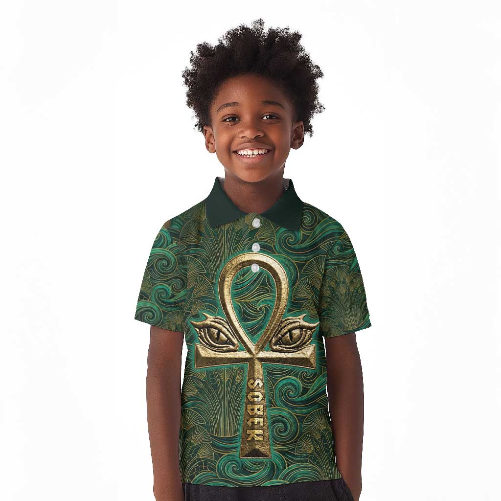 Sobek Crocodile Warrior Kid Polo Shirt with Ankh Ancient Egyptian Motif in Emerald