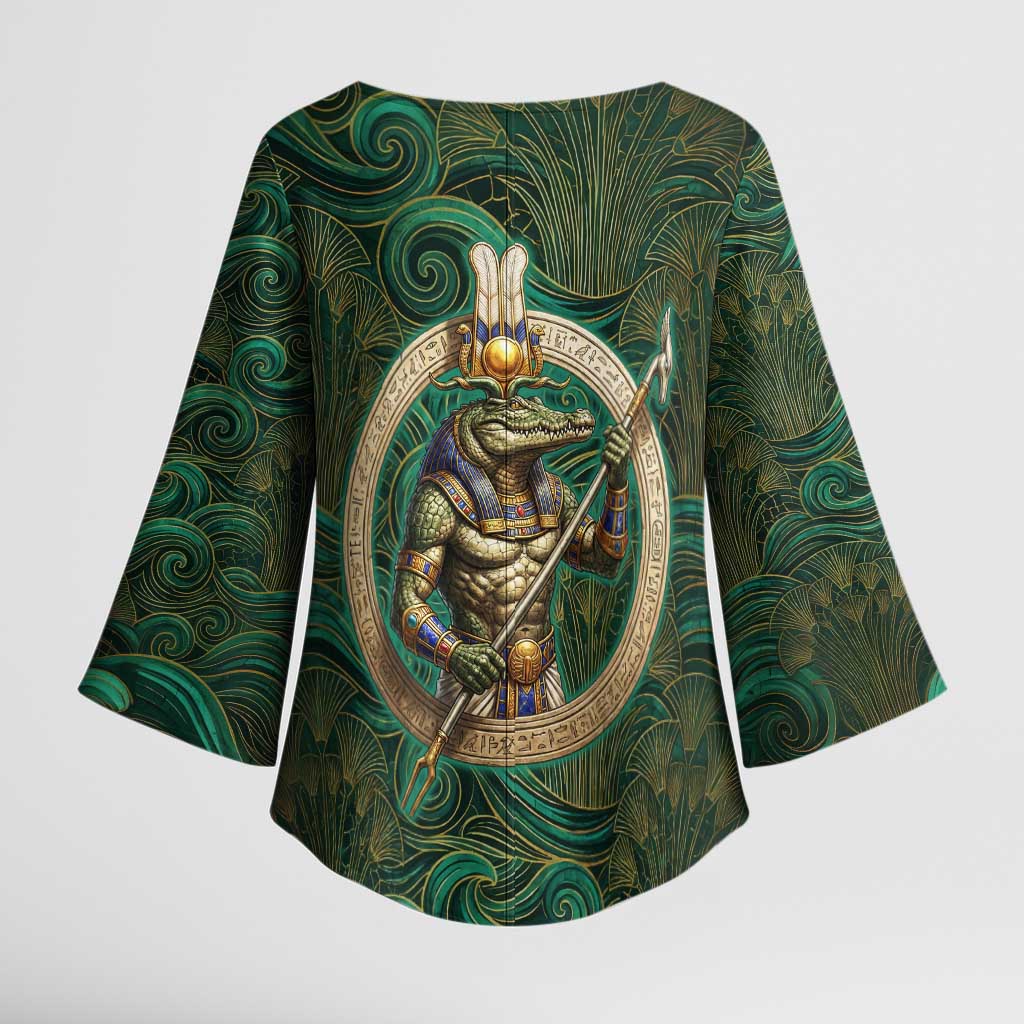Sobek Crocodile Warrior Kimono Sleeve Blouse with Ankh Ancient Egyptian Motif in Emerald