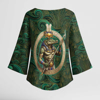 Sobek Crocodile Warrior Kimono Sleeve Blouse with Ankh Ancient Egyptian Motif in Emerald