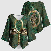 Sobek Crocodile Warrior Kimono Sleeve Blouse with Ankh Ancient Egyptian Motif in Emerald