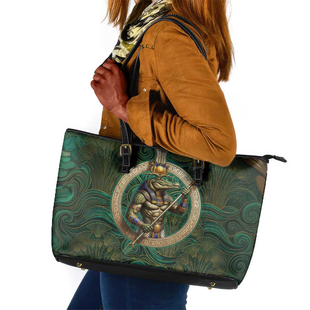 Sobek Crocodile Warrior Leather Tote Bag with Ankh Ancient Egyptian Motif in Emerald