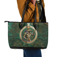 Sobek Crocodile Warrior Leather Tote Bag with Ankh Ancient Egyptian Motif in Emerald