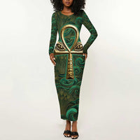 Sobek Crocodile Warrior Long Sleeve Bodycon Dress with Ankh Ancient Egyptian Motif in Emerald