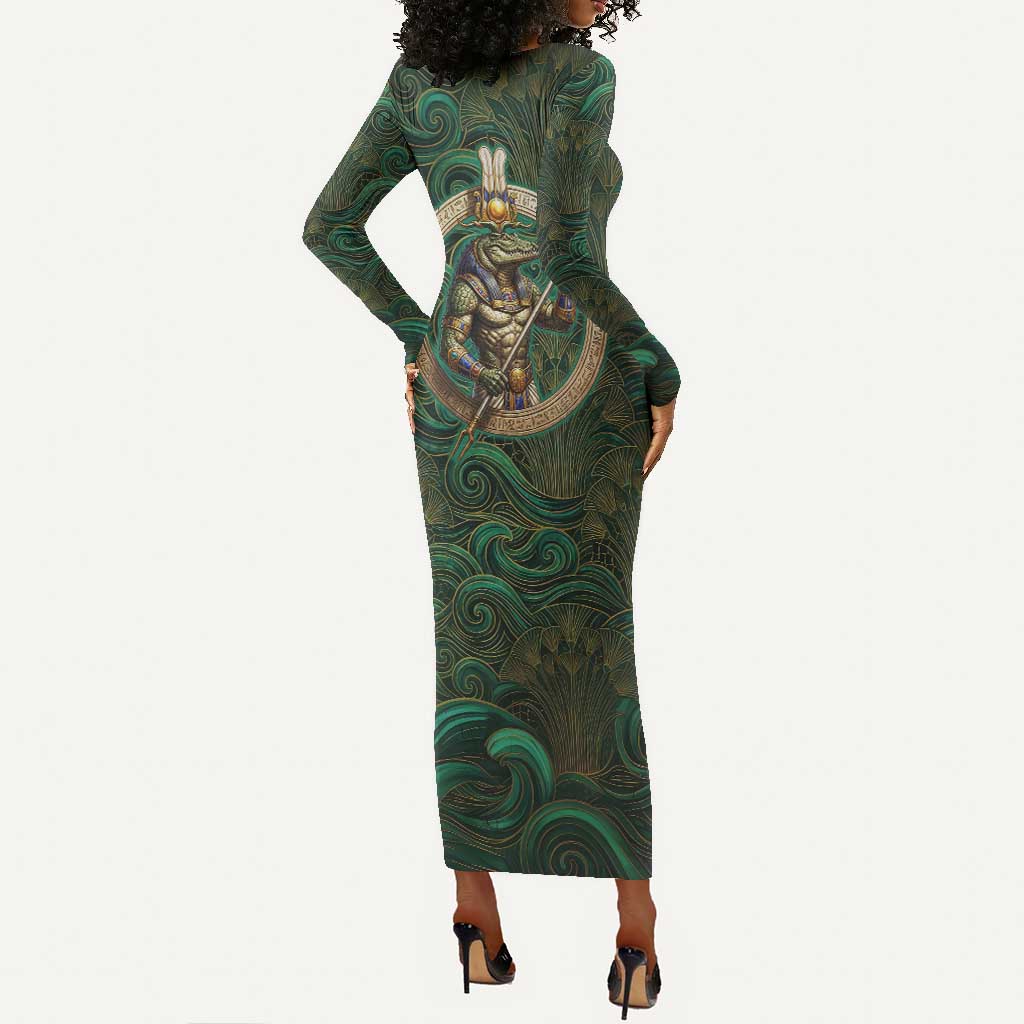 Sobek Crocodile Warrior Long Sleeve Bodycon Dress with Ankh Ancient Egyptian Motif in Emerald