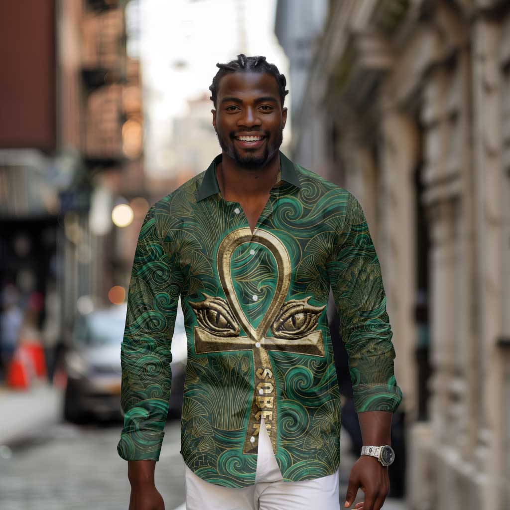 Sobek Crocodile Warrior Long Sleeve Button Shirt with Ankh Ancient Egyptian Motif in Emerald