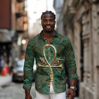 Sobek Crocodile Warrior Long Sleeve Button Shirt with Ankh Ancient Egyptian Motif in Emerald