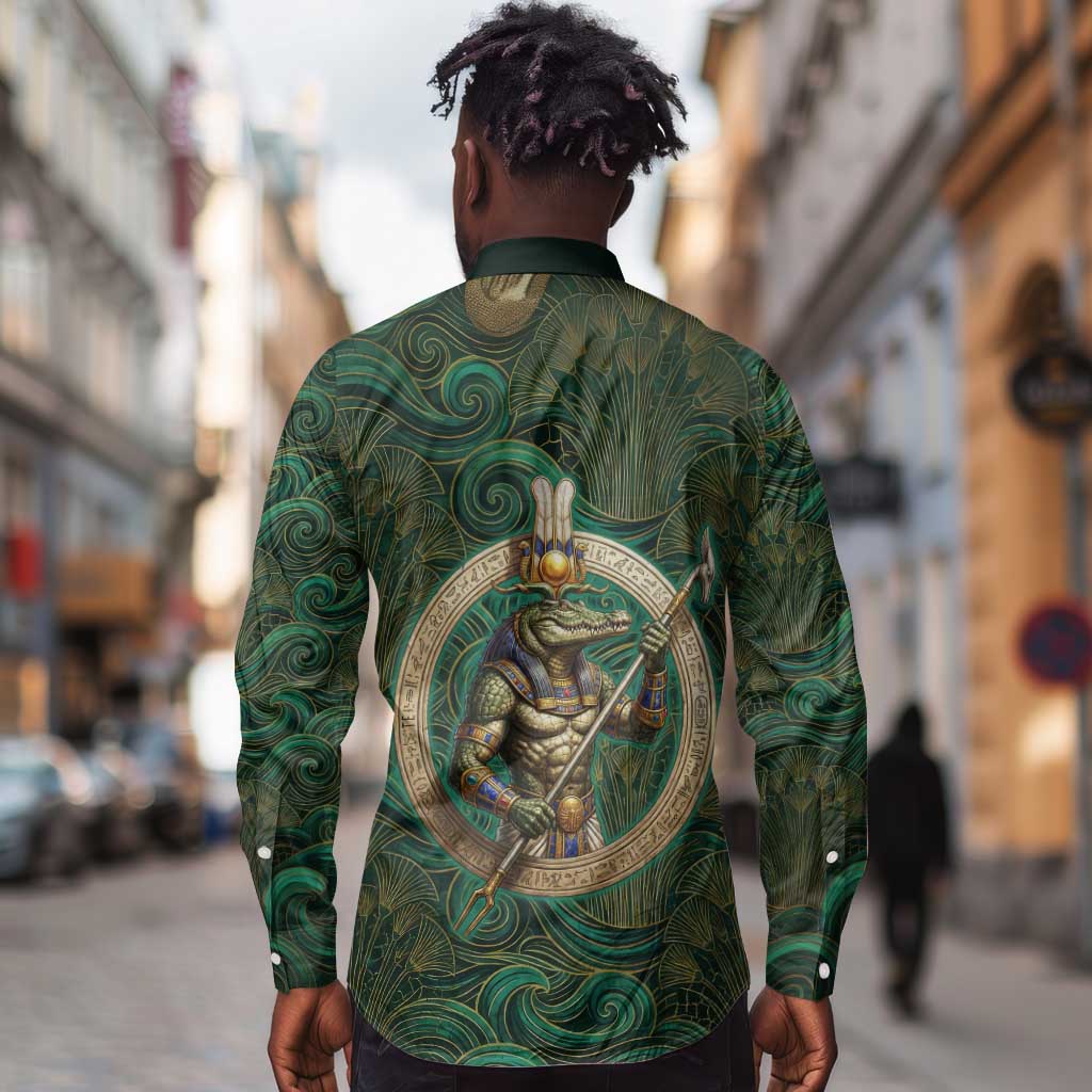 Sobek Crocodile Warrior Long Sleeve Button Shirt with Ankh Ancient Egyptian Motif in Emerald