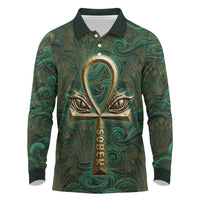 Sobek Crocodile Warrior Long Sleeve Polo Shirt with Ankh Ancient Egyptian Motif in Emerald