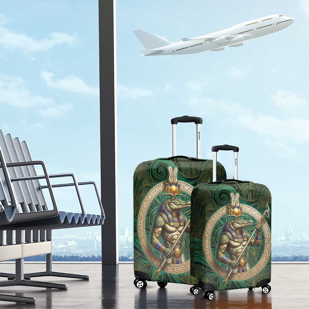 Sobek Crocodile Warrior Luggage Cover with Ankh Ancient Egyptian Motif in Emerald
