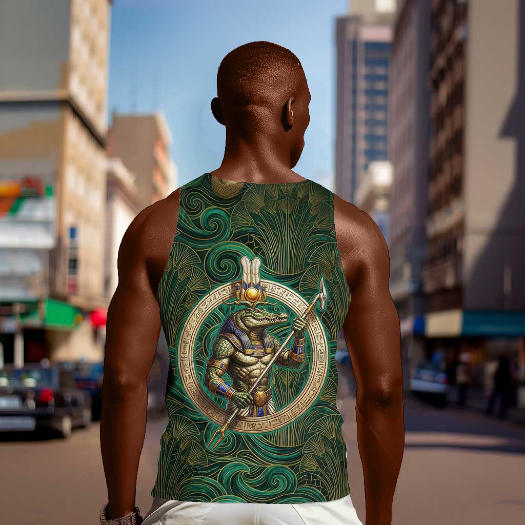 Sobek Crocodile Warrior Men Tank Top with Ankh Ancient Egyptian Motif in Emerald