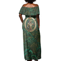 Sobek Crocodile Warrior Off Shoulder Maxi Dress with Ankh Ancient Egyptian Motif in Emerald