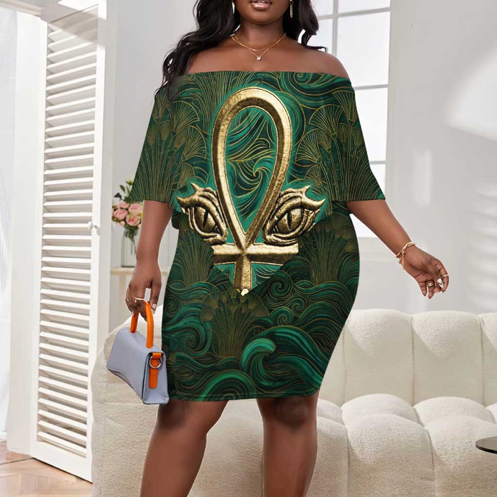 Sobek Crocodile Warrior Off Shoulder Short Dress with Ankh Ancient Egyptian Motif in Emerald