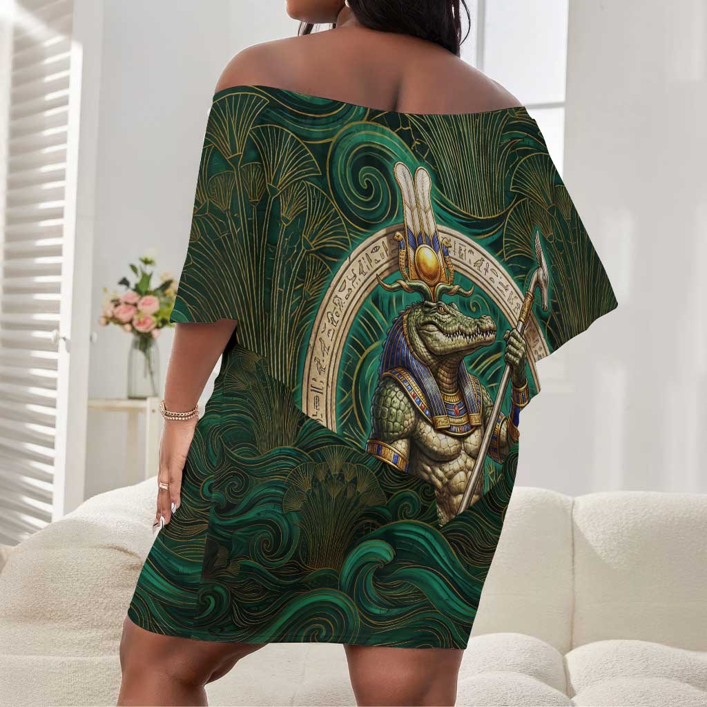 Sobek Crocodile Warrior Off Shoulder Short Dress with Ankh Ancient Egyptian Motif in Emerald