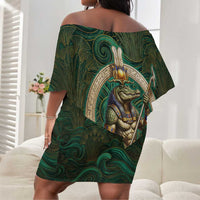 Sobek Crocodile Warrior Off Shoulder Short Dress with Ankh Ancient Egyptian Motif in Emerald