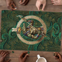 Sobek Crocodile Warrior Puzzle with Ankh Ancient Egyptian Motif in Emerald
